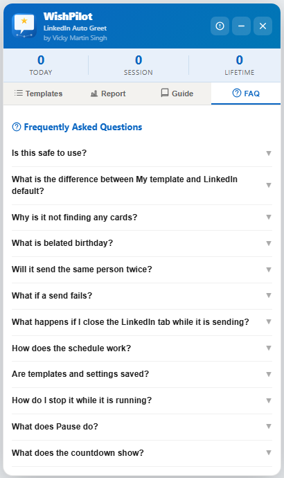 WishPilot FAQ tab listing common questions