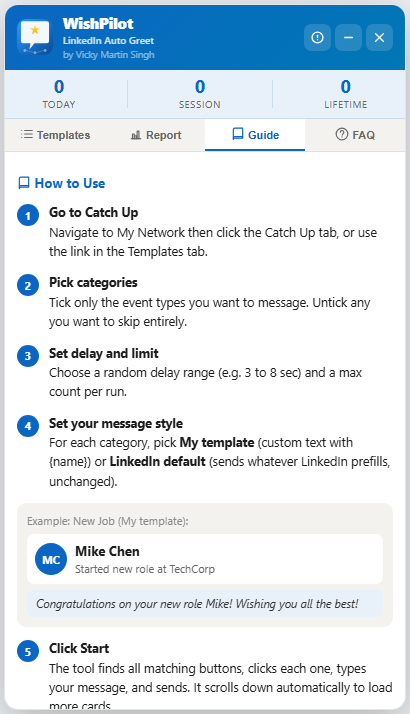 WishPilot built-in Guide tab with step-by-step instructions