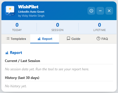 WishPilot Report tab showing session and history summary