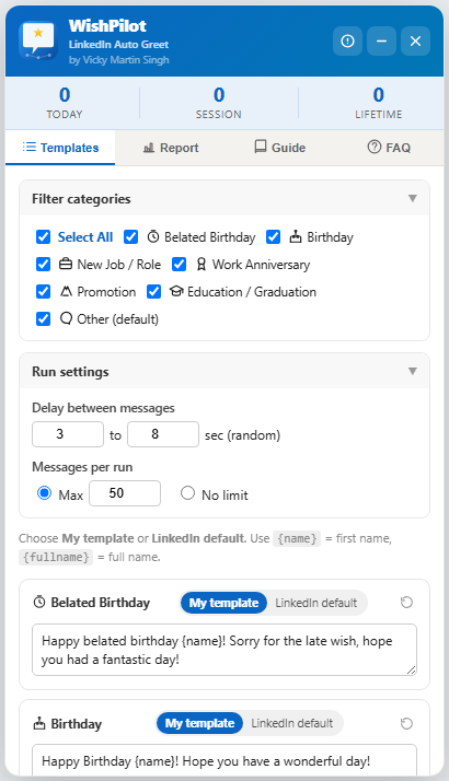 WishPilot Templates tab showing category checkboxes and message templates